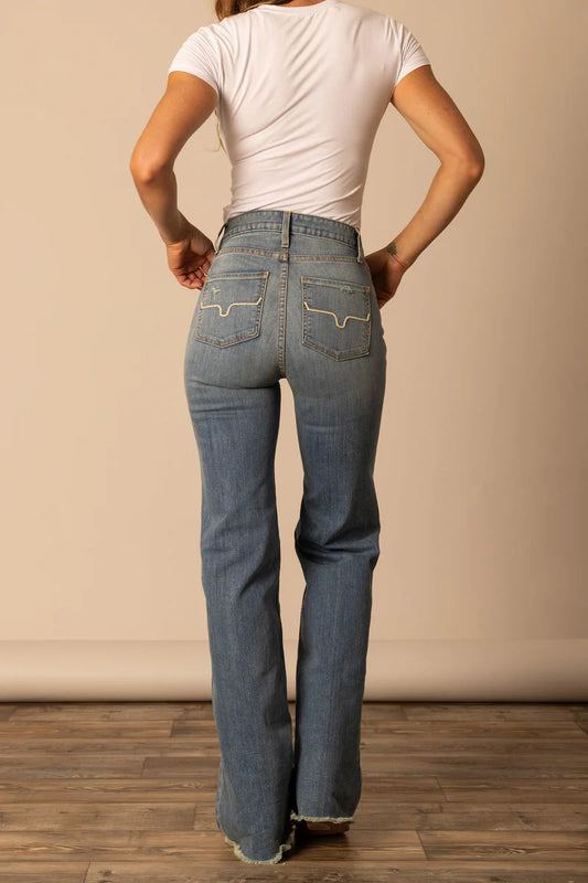 Kimes Womens Olivia High Rise Stretch Wide Leg Raw Hem 32 Leg Jeans