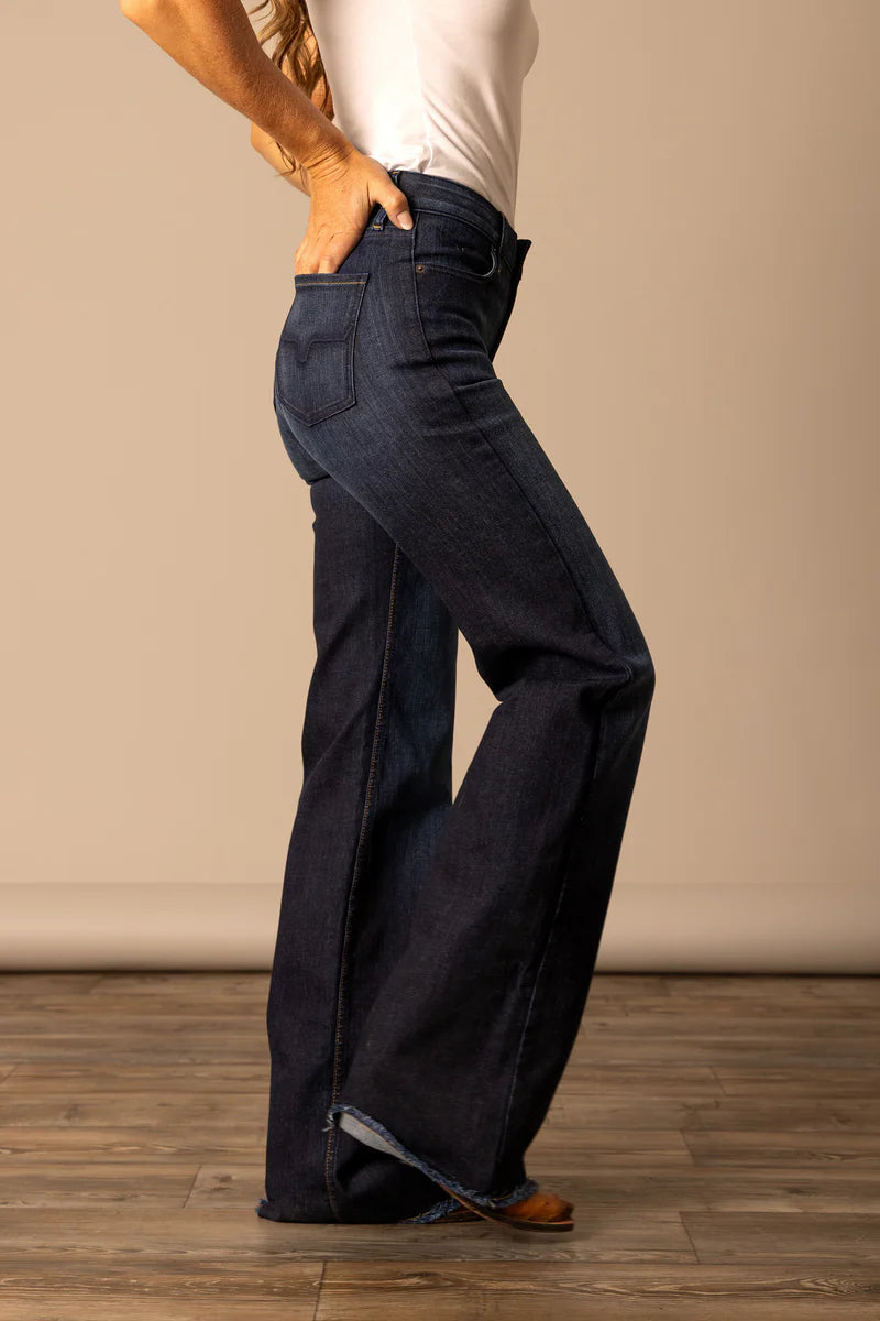 Kimes Womens Olivia High Rise Stretch Wide Leg Raw Hem 32 Leg Jeans