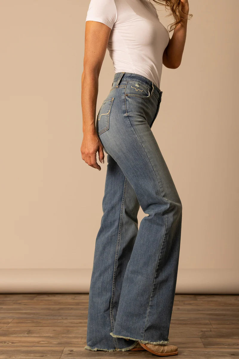 Kimes Womens Olivia High Rise Stretch Wide Leg Raw Hem 32 Leg Jeans
