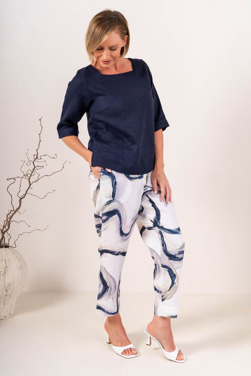 See Saw Womens 100% Linen Elbow Sleeve Square Neck Top