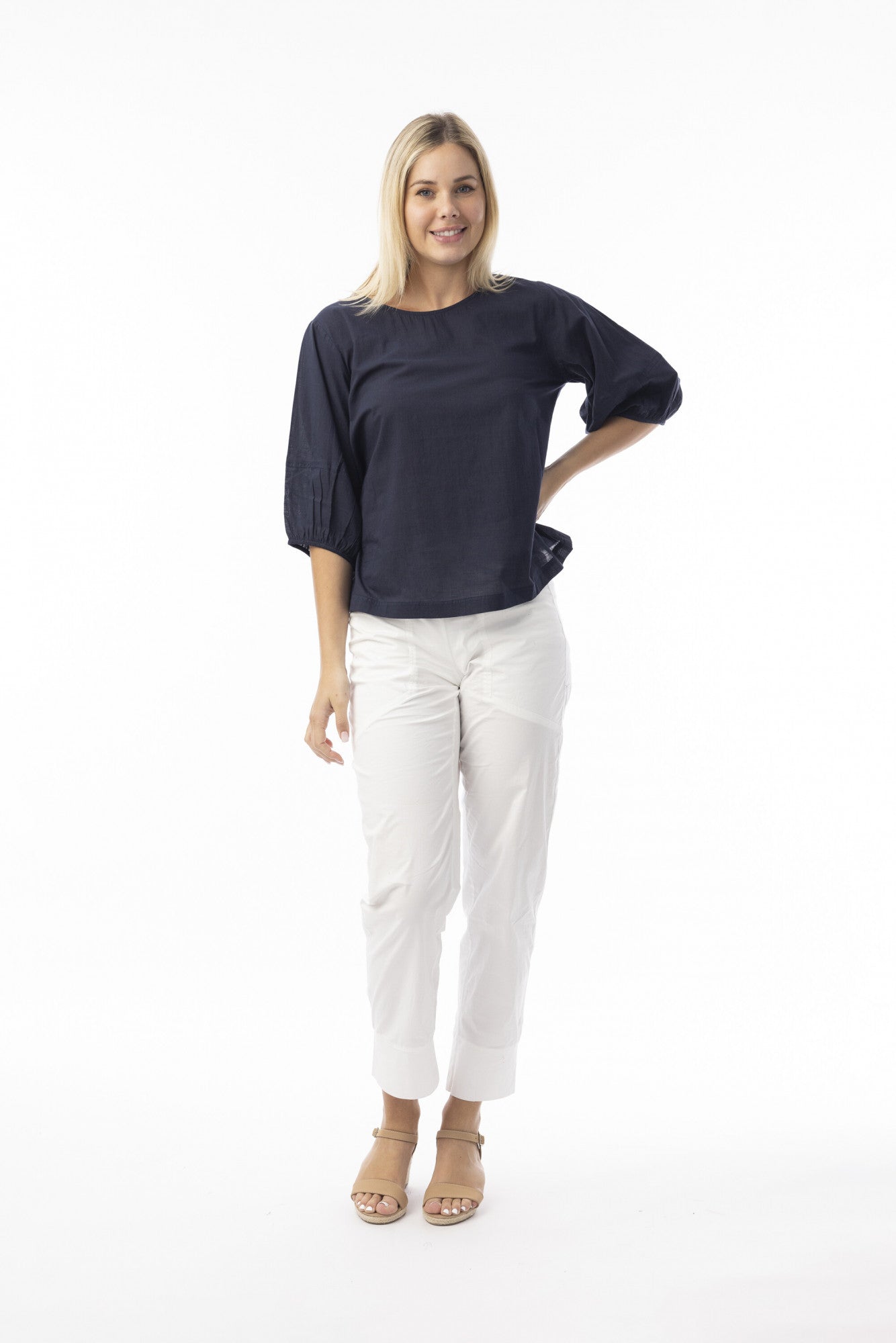 Orientique Womens Cotton Slub Essentials Top with Puff Sleeve