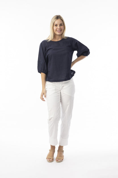 Orientique Womens Cotton Slub Essentials Top with Puff Sleeve
