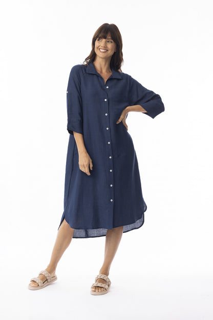 Escape Womens Linen Solid Dress Shirt Midi Collar