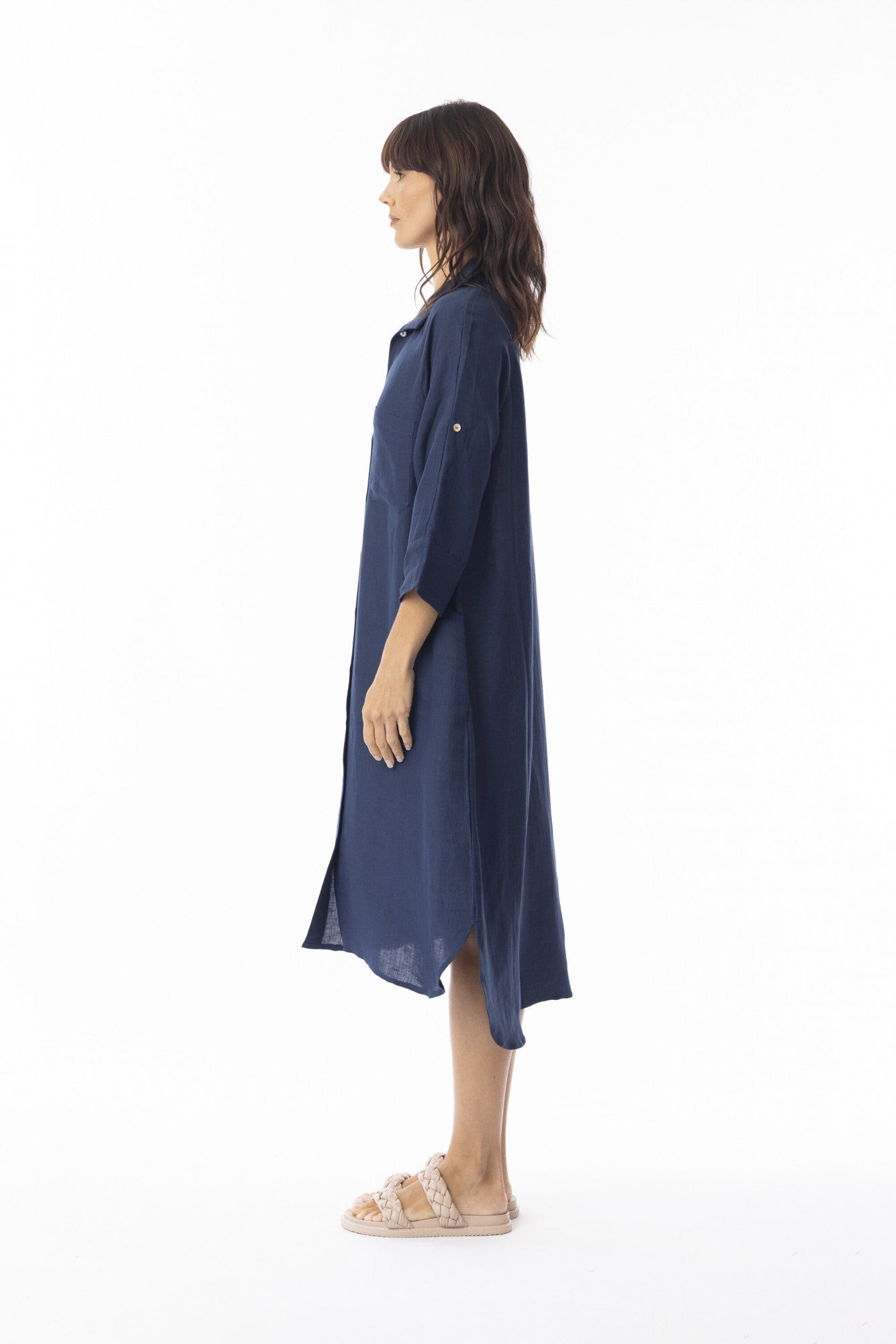 Escape Womens Linen Solid Dress Shirt Midi Collar