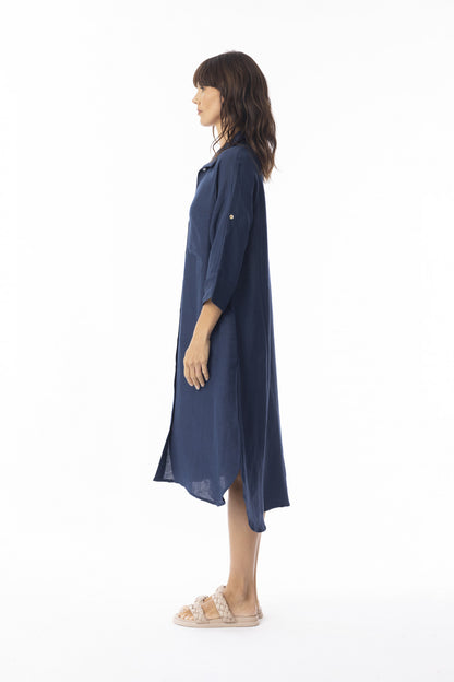 Escape Womens Linen Solid Dress Shirt Midi Collar