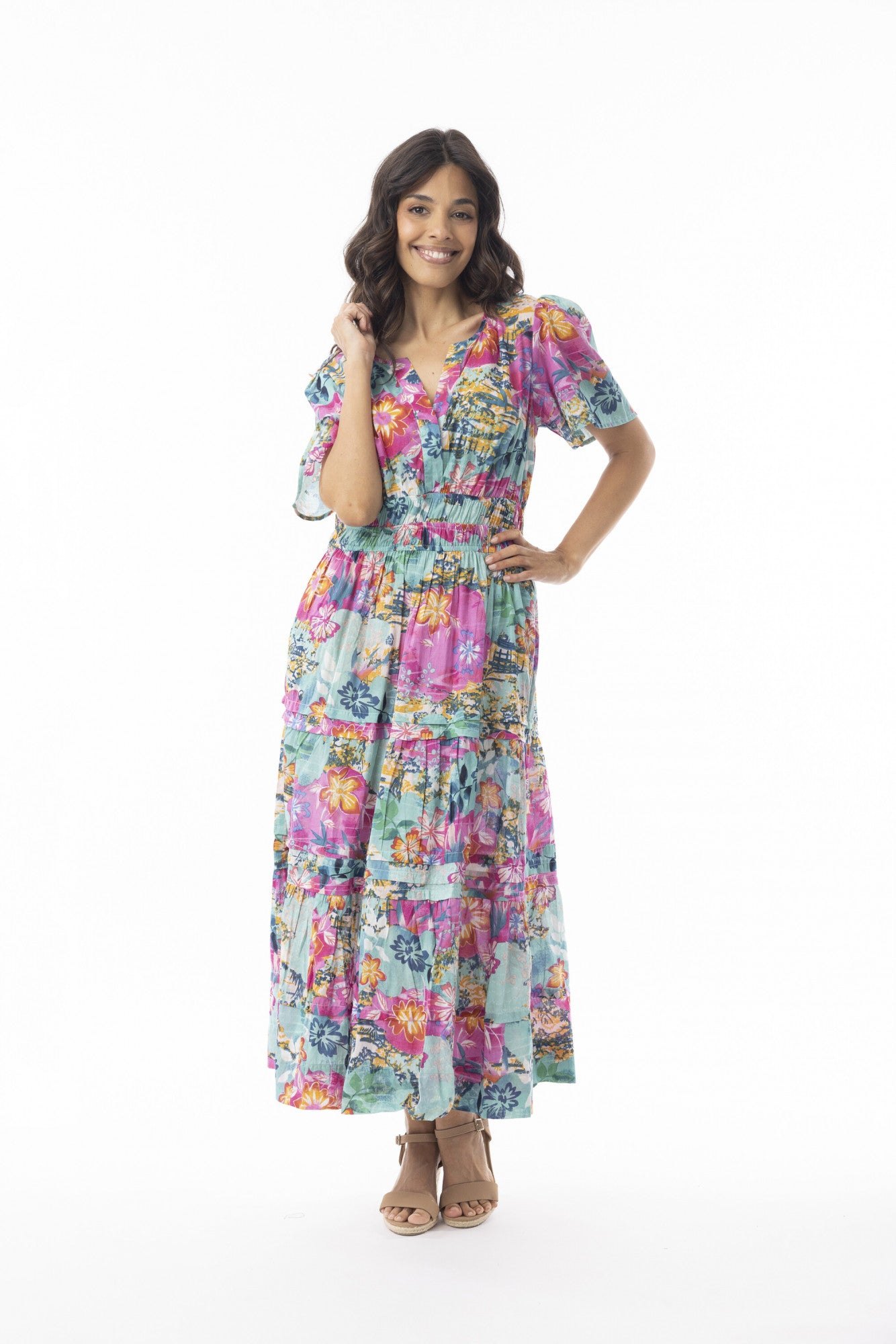 Orientique Womens Selaron Layered S/S Sleeve Maxi Dress