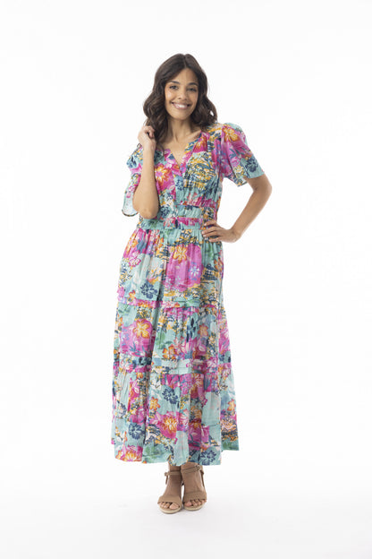 Orientique Womens Selaron Layered S/S Sleeve Maxi Dress
