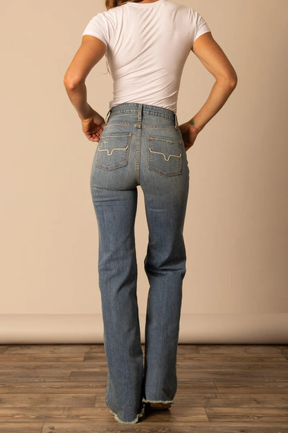 Kimes Womens Olivia High Rise Stretch Wide Leg Raw Hem 32 Leg Jeans