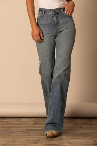 Kimes Womens Olivia High Rise Stretch Wide Leg Raw Hem 32 Leg Jeans