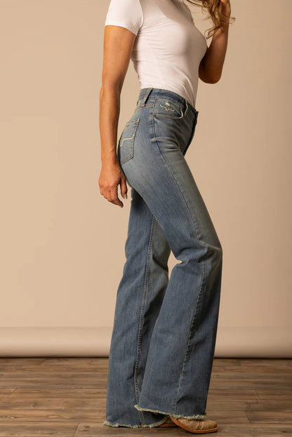 Kimes Womens Olivia High Rise Stretch Wide Leg Raw Hem 32 Leg Jeans