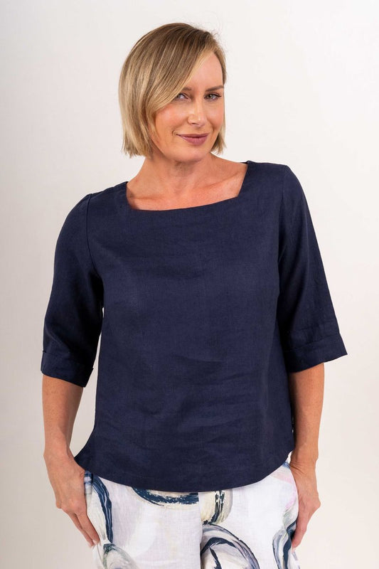 See Saw Womens 100% Linen Elbow Sleeve Square Neck Top