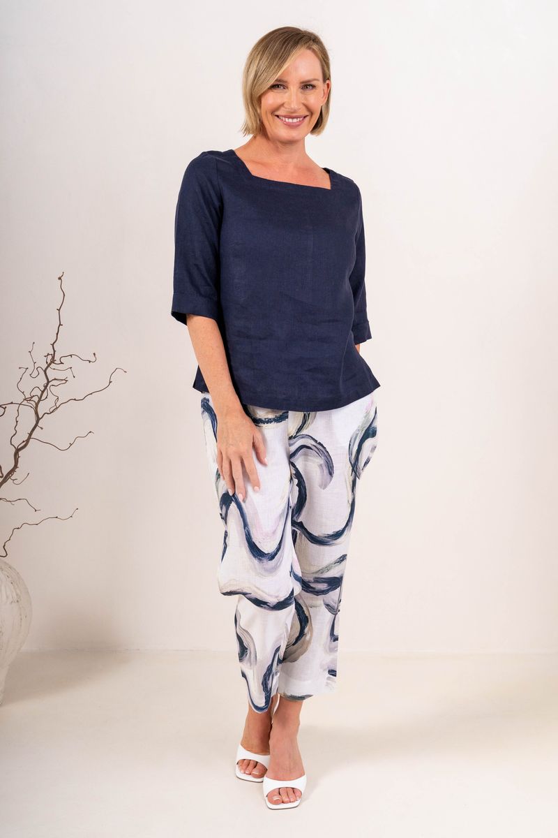 See Saw Womens 100% Linen Elbow Sleeve Square Neck Top