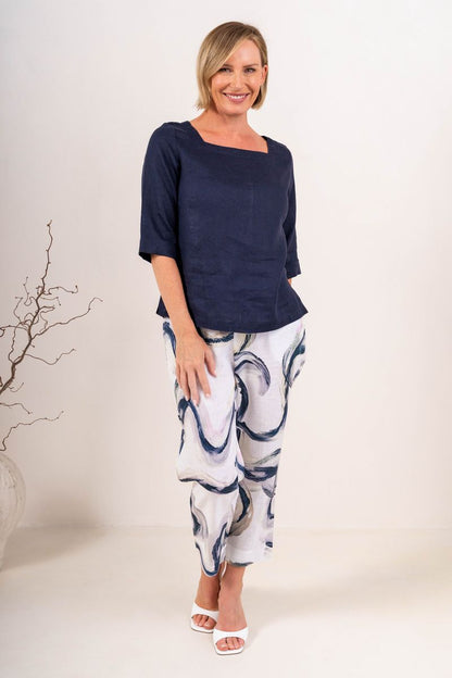 See Saw Womens 100% Linen Elbow Sleeve Square Neck Top
