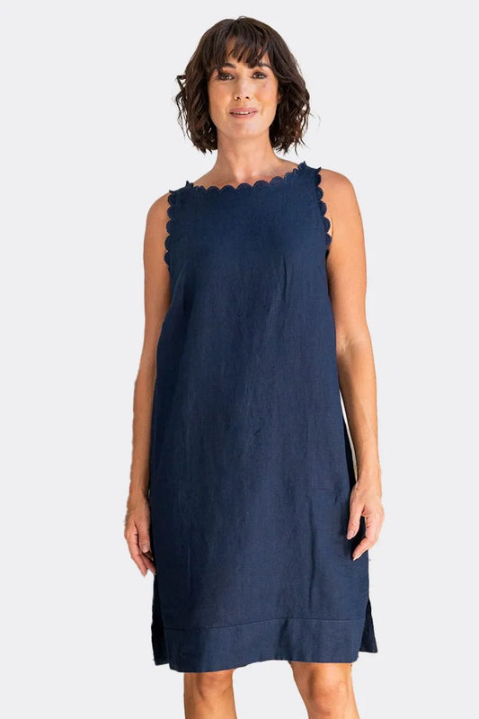 See Saw Womens Linen SL Scallop Edge Shift Dress