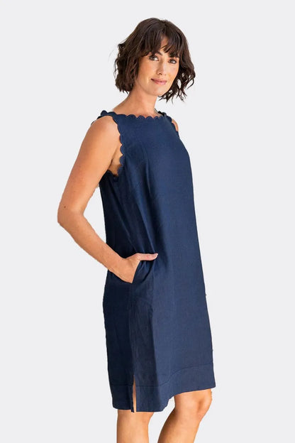 See Saw Womens Linen SL Scallop Edge Shift Dress