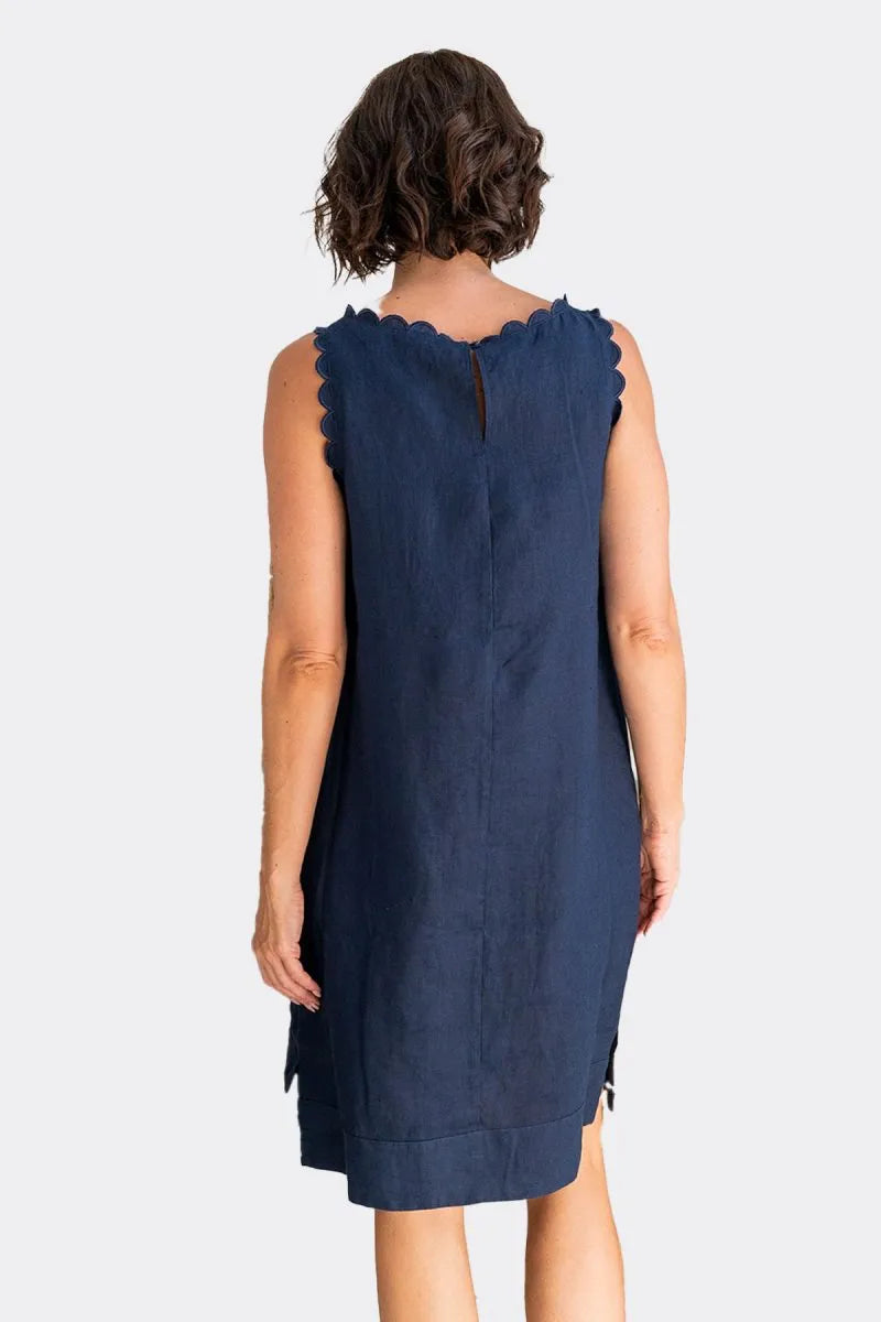 See Saw Womens Linen SL Scallop Edge Shift Dress